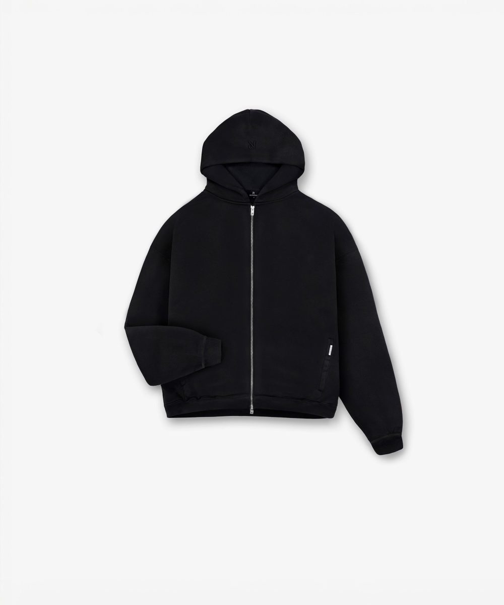 Initial Boxy Zip Through Hoodie - Black